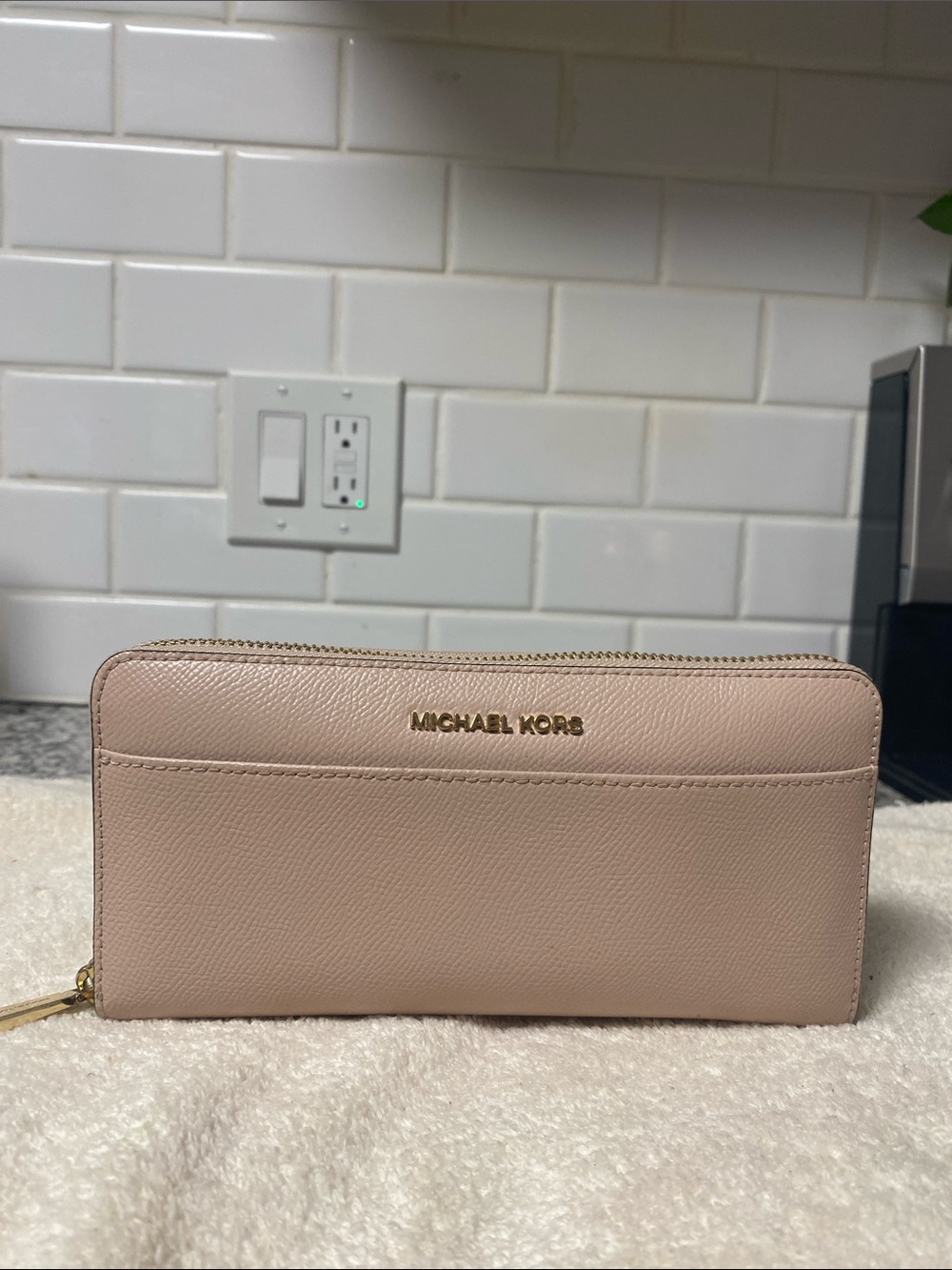 Michael Kors Pink Saffiano Zip Wallet with Gold Logo